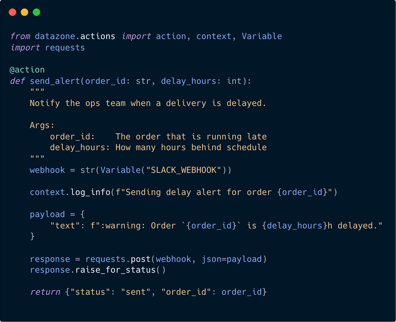 Python function decorated with @action, showing a send_alert function that posts a delay notification to a Slack webhook stored as an encrypted Variable