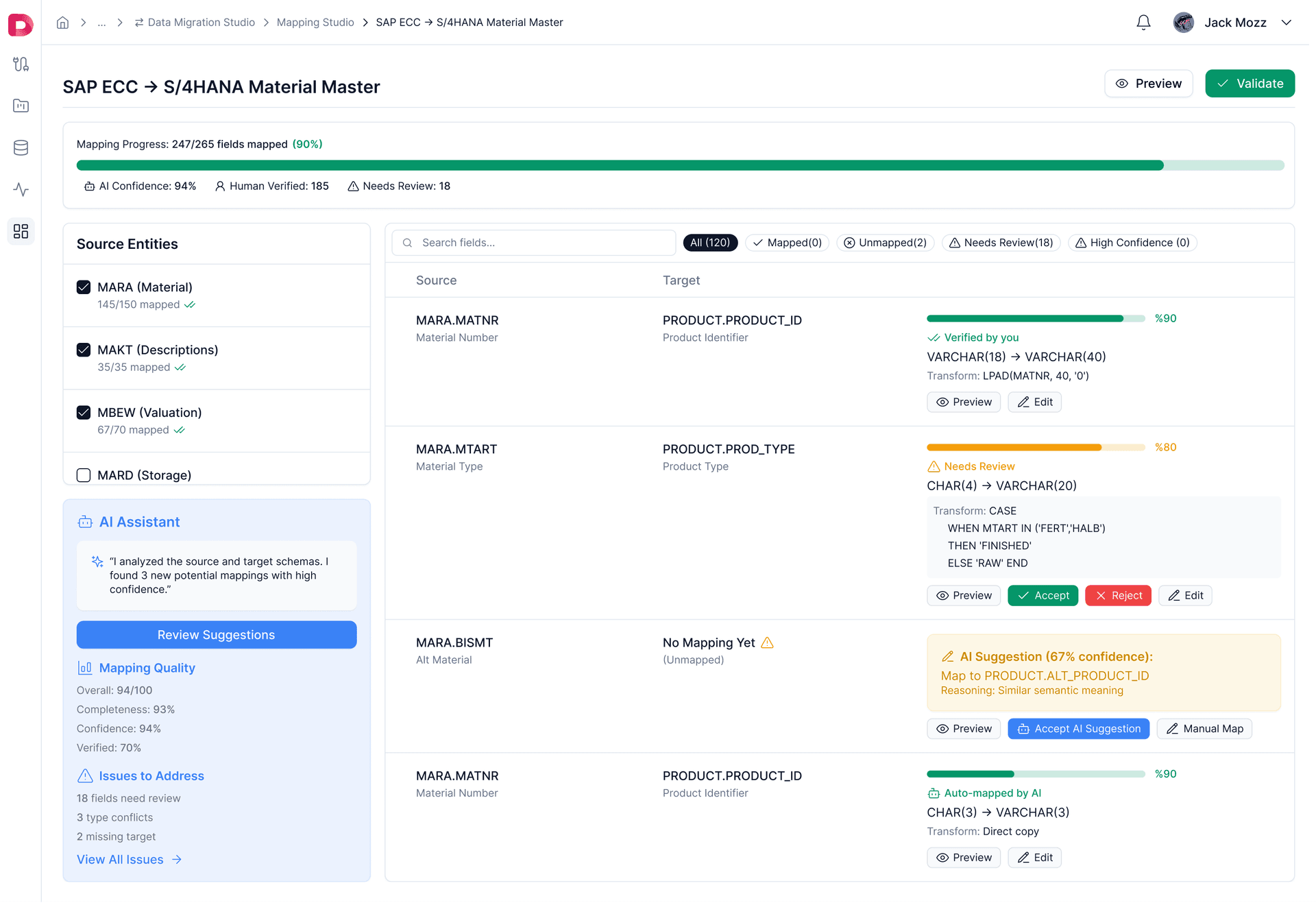 AI-suggested schema mapping with confidence scores