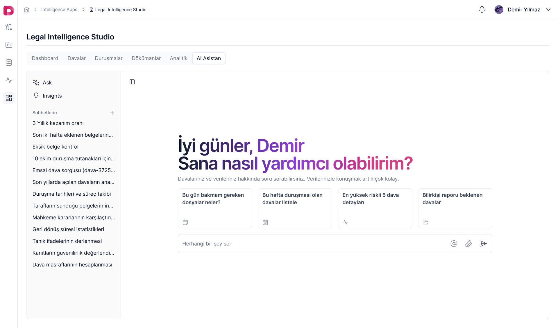 AI Assistant chat interface answering questions about cases, hearings, and risk data