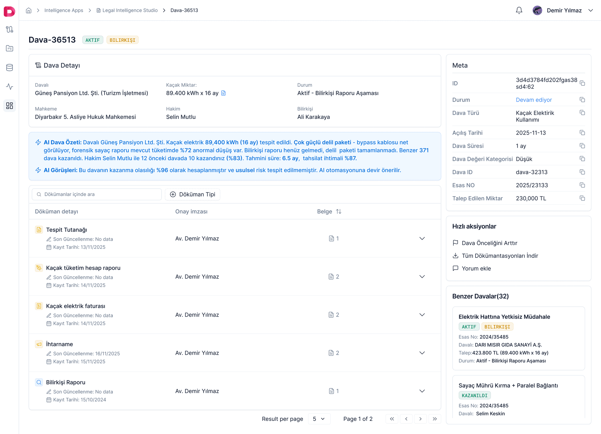 Case detail view with AI-generated summary, similar case matches, and drill-down document history