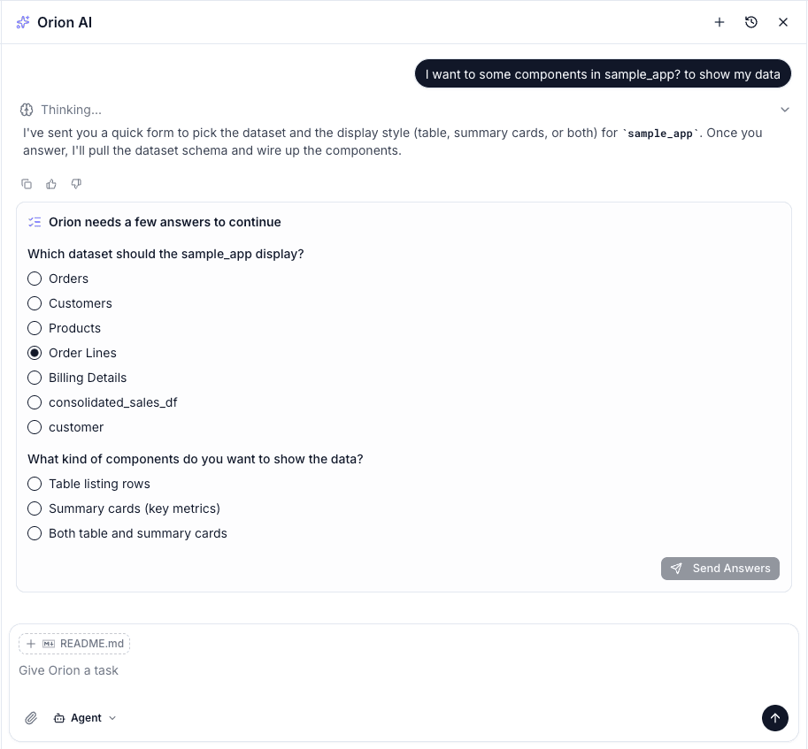 Orion asking a clarifying question before building